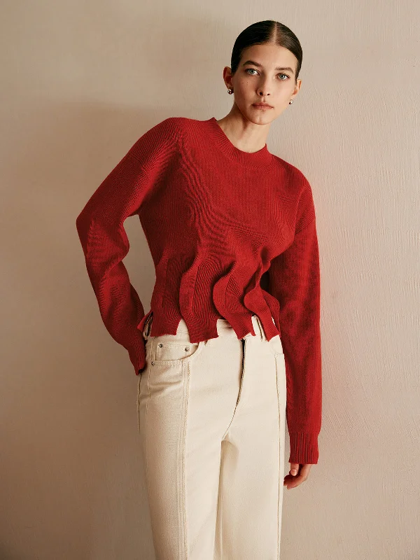 Wool-Blend Pleated Design SweaterFleece Knit Tops