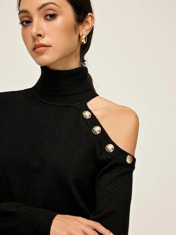 Turtleneck Asymmetrical One Shoulder SweaterLayered Knit Tops