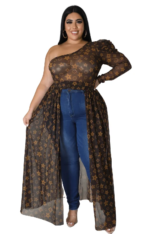 Final Sale Plus Size Mesh One Shoulder Top with Train in Brown and Taupe Design PrintWomen's fleece tops