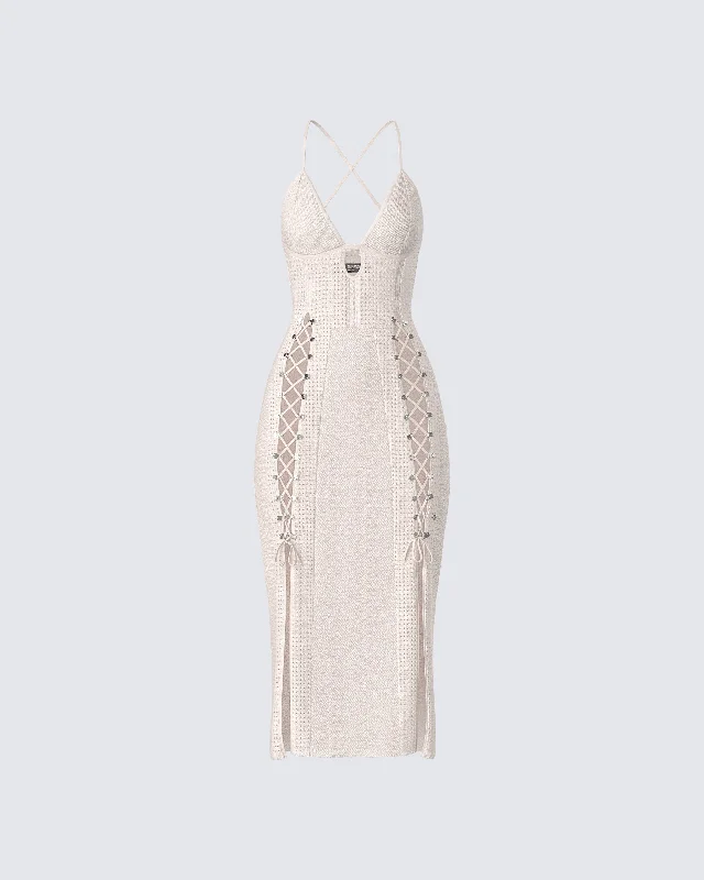 Jing Ivory Crochet Knit Midi DressSheer Dress