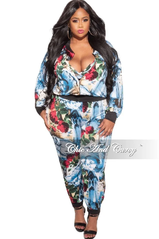 Final Sale Plus Size 3pc (Jacket, Top & Pants) Set in Blue, Red & White PrintLarge women's warm tops