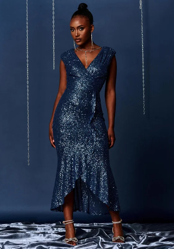 Jolie Moi Sequin Wrap Fishtail Maxi Dress, BlueSari Dress