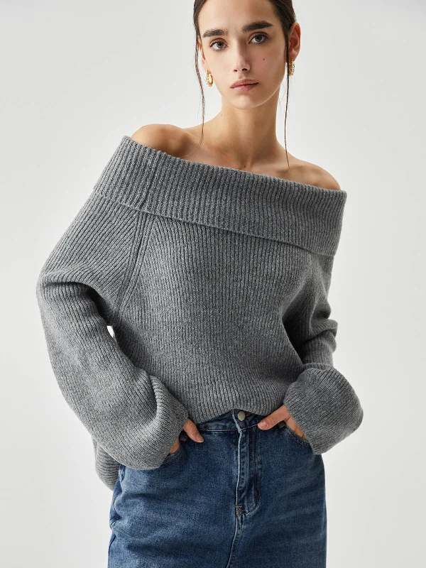 Oversized Overfold Off Shoulder Knit SweaterCrewneck Knit Tops