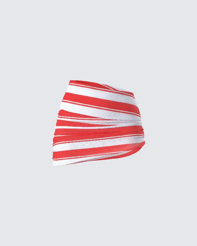 Risa Red Stripe Asymmetric Ruched Mini SkirtRetro Skirt