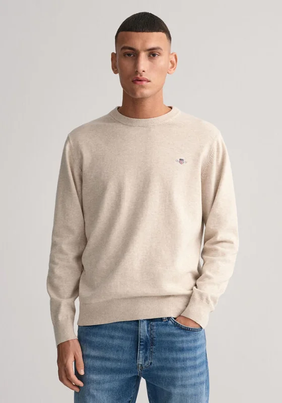 Gant Classic Cotton Crew Neck Sweater, Light Beige MelangeHigh-Fashion Knit Tops