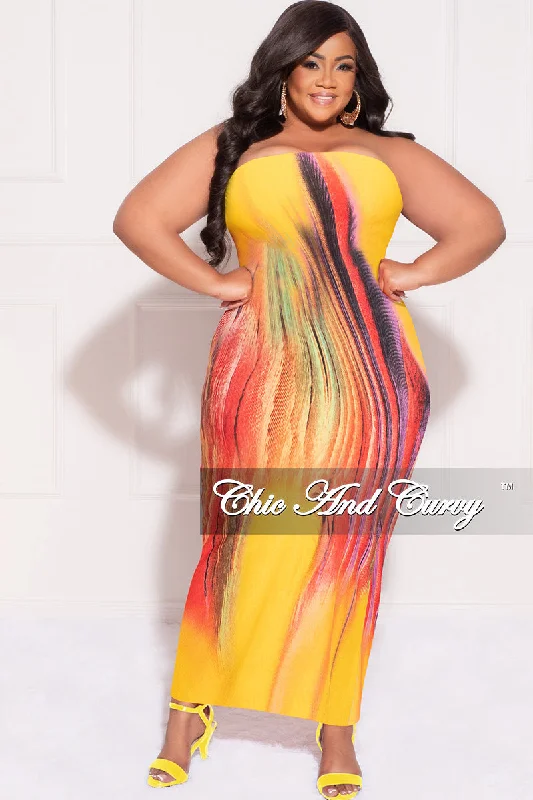 Final Sale Plus Size Strapless Tube BodyCon Dress in Yellow Mustard Multi-Color Mustard PrintLarge women's velvet tops