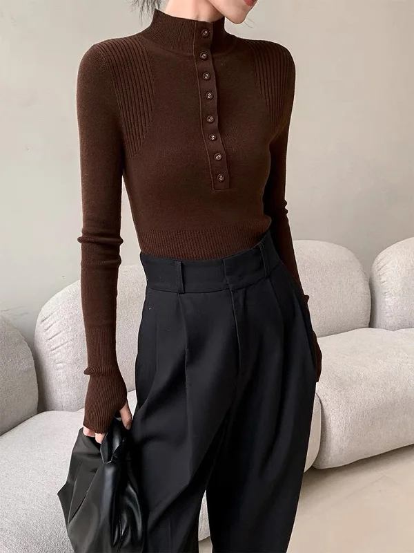 Mock Neck Breasted Slim SweaterThermal Knit Tops