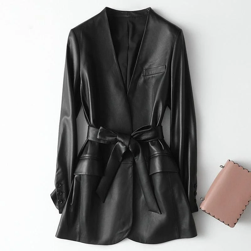 Autumn Black Women Soft Light Faux Leather Jackets - Deep V-Neck Belt Plus Size Elegant Luxury Korean Fashion (TB8B)(TB8A)(TP3)(1U23)Large women's quick-drying tops