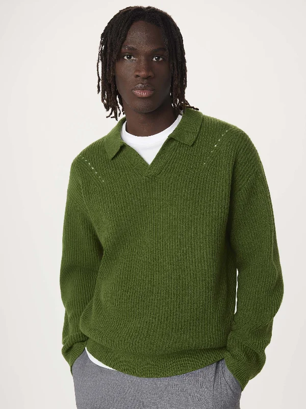 The Lambswool Johnny Collar Sweater in GreenScoop Neck Knit Tops