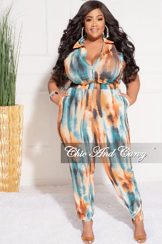 Final Sale Plus Size Zip Pocket Jumpsuit in Orange Rust & Aqua PrintLarge women's belly-baring tops