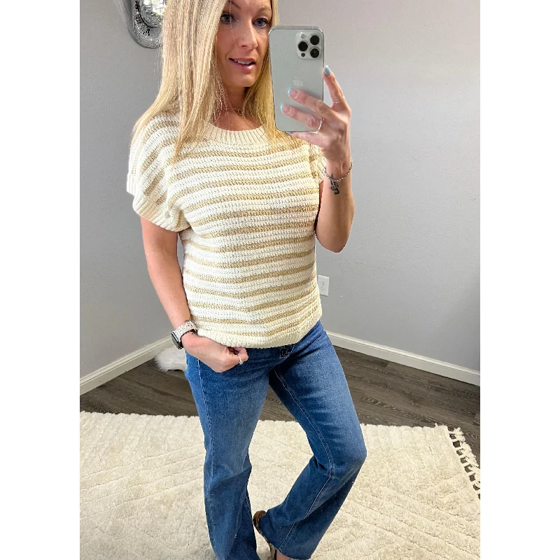 Khaki Striped Short Sleeve Knit SweaterThermal Knit Tops