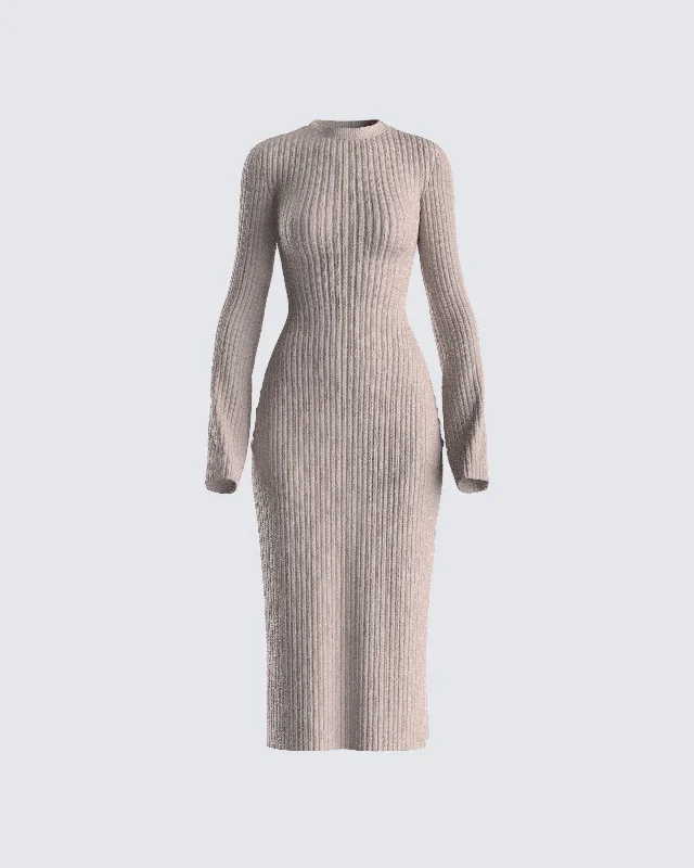 Rejina Taupe Wide Rib Midi DressTulle Dress