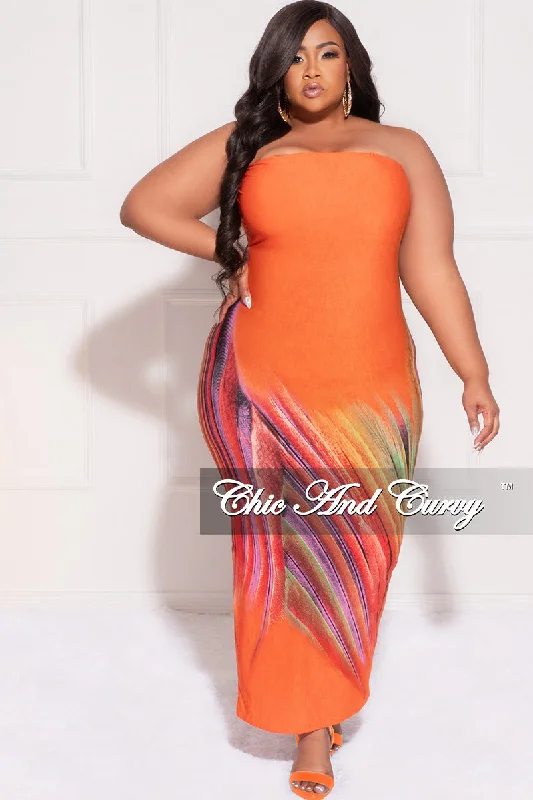 Final Sale Plus Size Strapless Tube BodyCon Dress in Orange Multi-Color PrintLarge women's loose tops