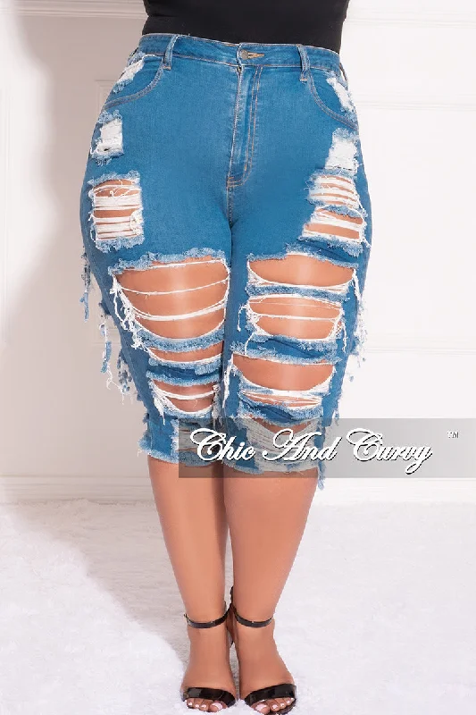 Final Sale Plus Size Bermuda Shorts Extremely Distressed in Blue (No Side Fringe)Plus size women's printed tops