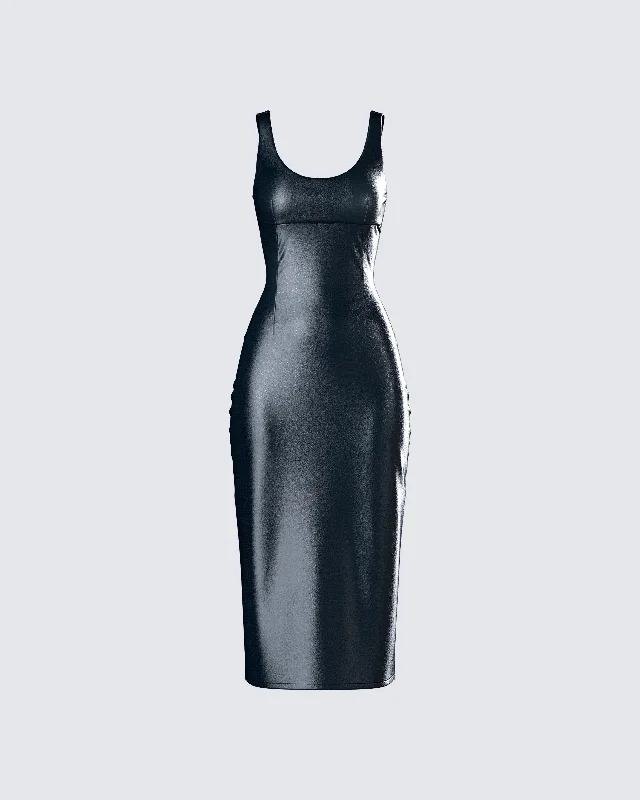 Maia Black Vegan Leather Midi DressSpaghetti Strap Dress