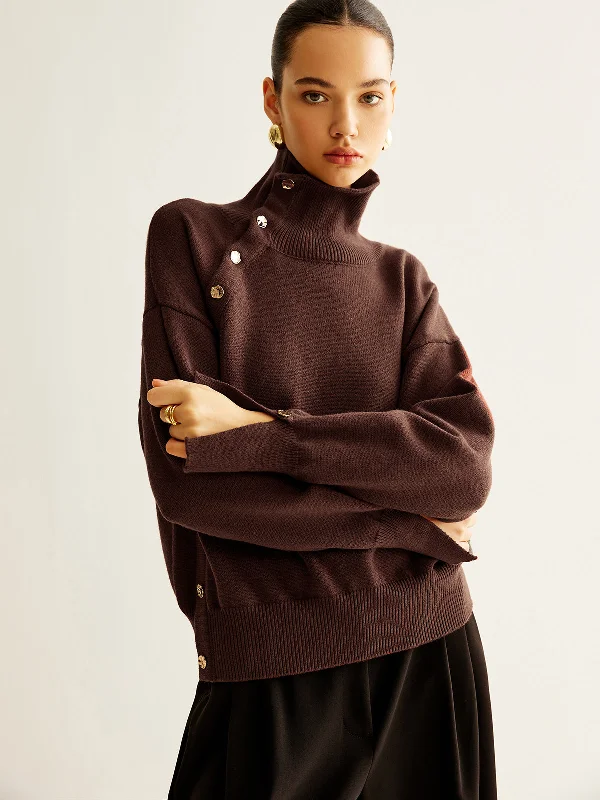 Turtleneck Asymmetrical Button SweaterAthletic Knit Tops