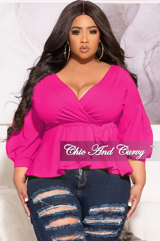 Final Sale Plus Size Faux Wrap Peplum Top with Waist Tie in FuchsiaWomen's thick tops