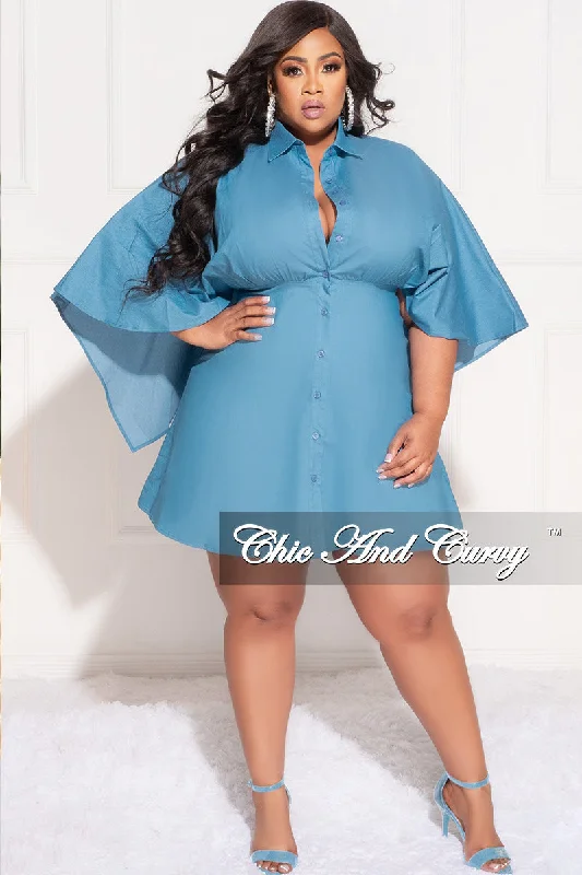 Final Sale Plus Size Collar Button Up Cap Sleeve Dress in BluePlus size women's patchwork tops