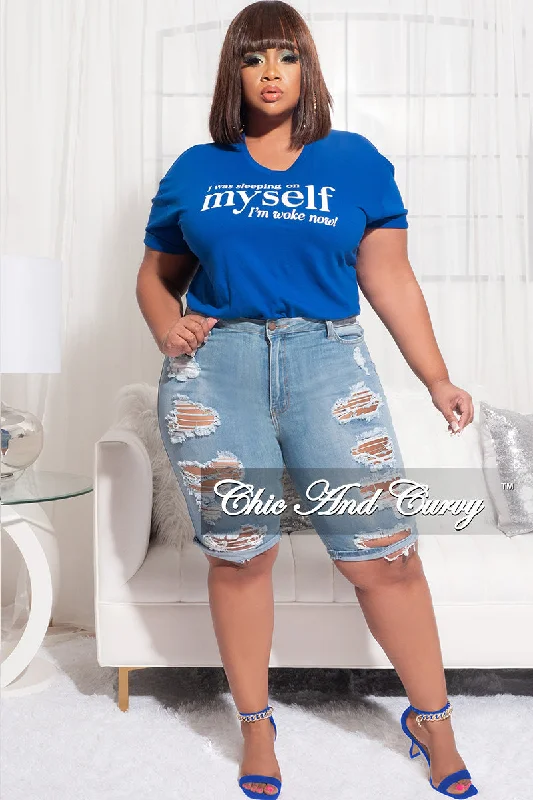 Final Sale Plus Size Short Sleeve V-Neck I Was Sleeping On Myself I'm Woke Now T-Shirt in Royal BlueWomen's affordable tops