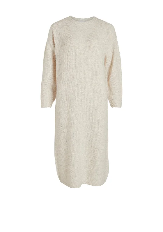 Vila Cilia Knitted Midi Jumper Dress, Natural MelangeUniform Dress