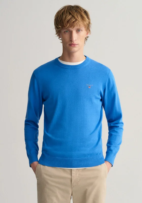 Gant Classic Cotton Crew Neck Sweater, Day BlueRibbed Cuff Knit Tops