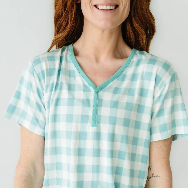 Work Short Sleeve TopsAqua Gingham Women's Short Sleeve Pajama Top