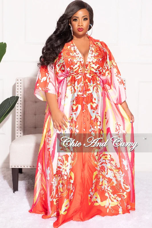 Final Sale Plus Size Satin Button Up Maxi Dress in Red Pink and Neon Yellow Design PrintWomen's wedding tops