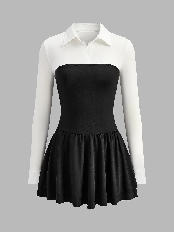 Color Block Pleated Panel Polo DressSchool Dress