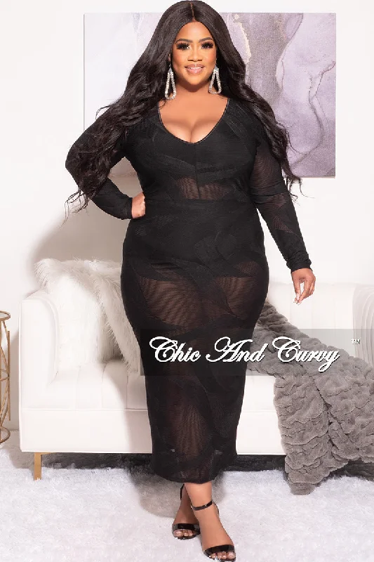 Final Sale Plus Size Sheer Midi Dress with Tie Back Slit in BlackPlus size women's turtleneck tops