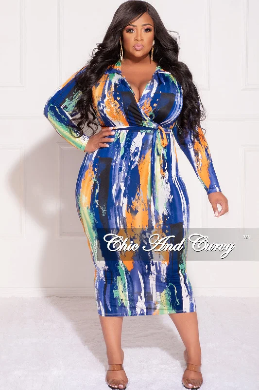 Final Sale Plus Size Collar Faux Wrap BodyCon with Waist Tie in Blue White and Orange Brush Stroke PrintPlus size women's knitted tops