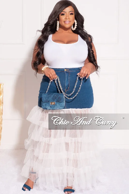 Final Sale Plus Size Denim Skirt with Tulle Layered Bottom in Off WhitePlus size women's solid color tops