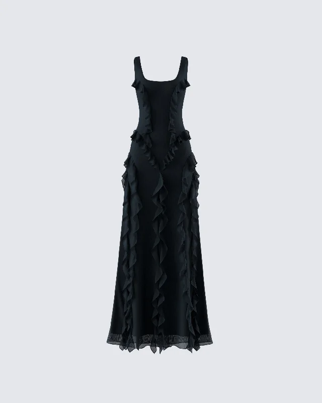 Katelyn Black Ruffle Maxi DressChiffon Dress