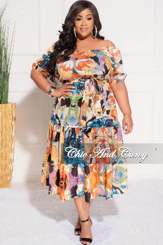 Final Sale Plus Size Off the Shoulder Dress with Waist Tie and Ruffle Bottom in Multi Color PrintLarge women's sun protection tops