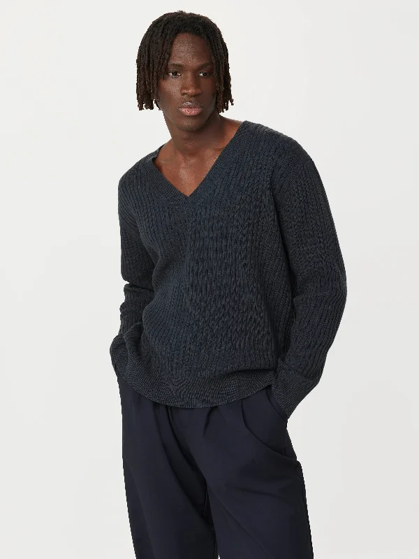 The Ribbed Lambswool V-Neck Sweater in Slate GreyFringed Knit Tops