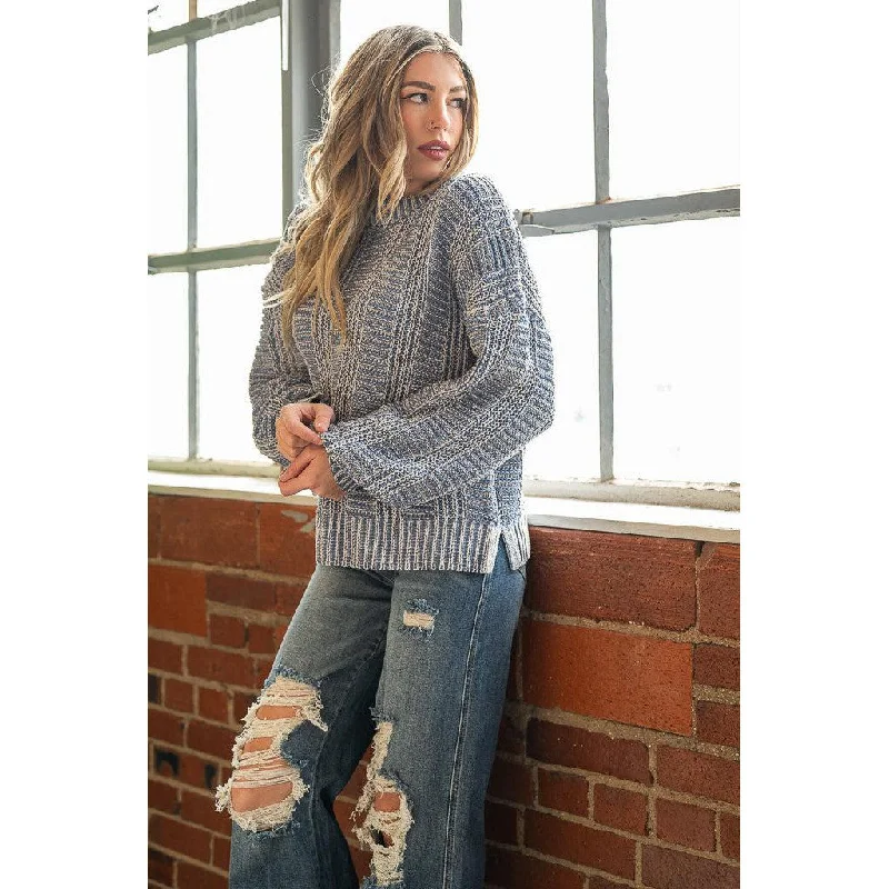 Two Tone Cozy Knit Sweater in Denim BlueCamping Knit Tops