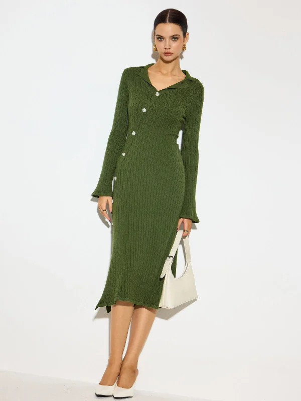 V-Neck Lapel Sweater Midi DressPlaid Dress