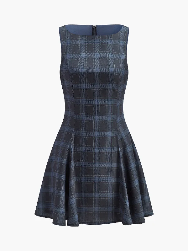 Checked Pleated Zipper Tank DressMilitary Dress