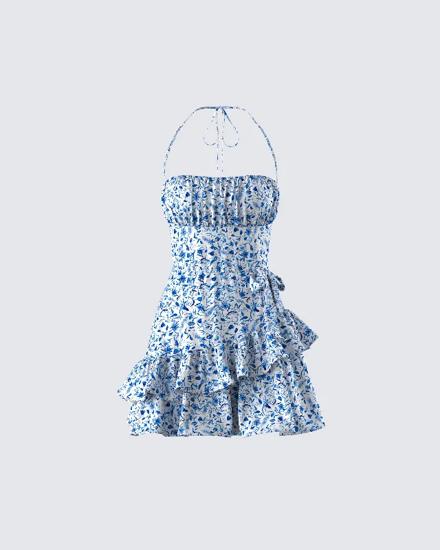 Aubriella Blue Print Mini DressHalter Dress