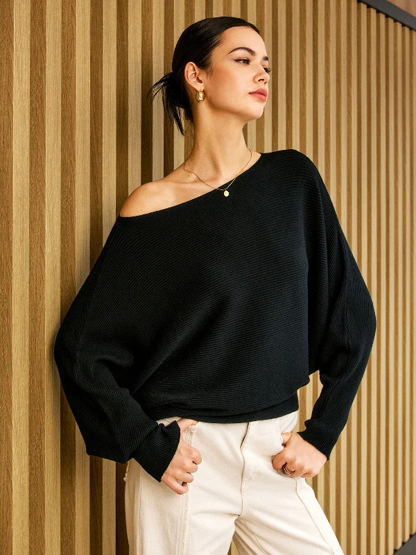 Plain Cold Shoulder Loose SweaterCashmere Knit Tops