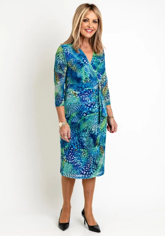 Via Veneto Peacock Inspired Mesh Midi Dress, GreenMilitary Dress