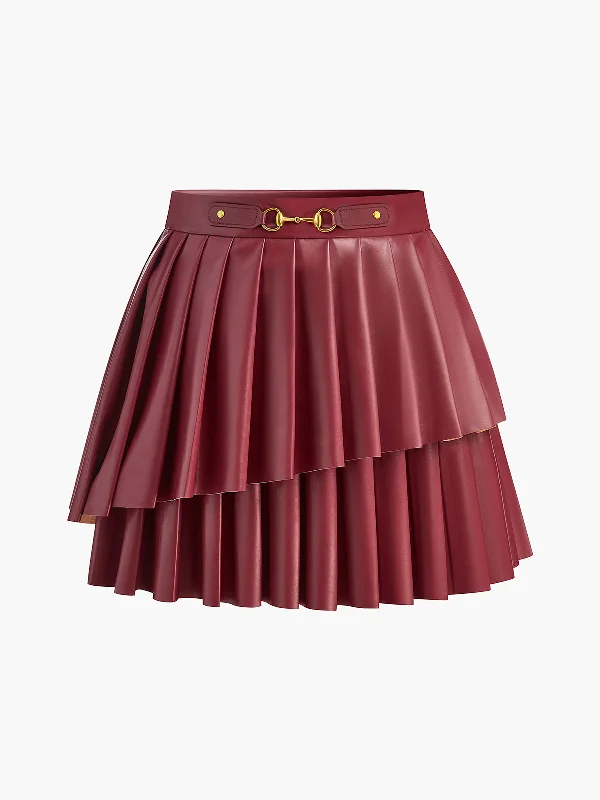 High-Waist Metal-Detail Asymmetrical Pleated SkirtFleece-lined Skirt