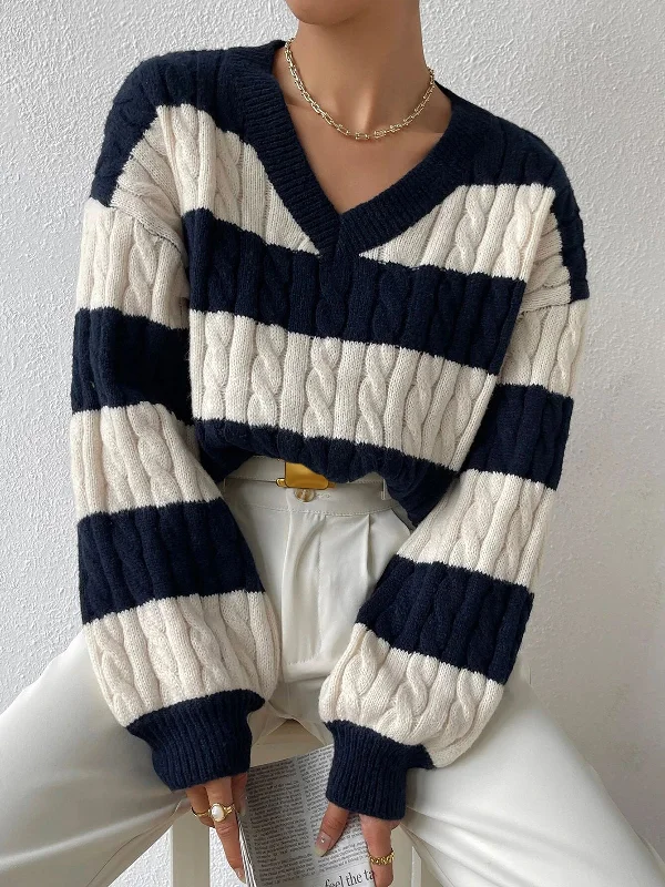 V-Neck Striped Cable SweaterPunk Knit Tops