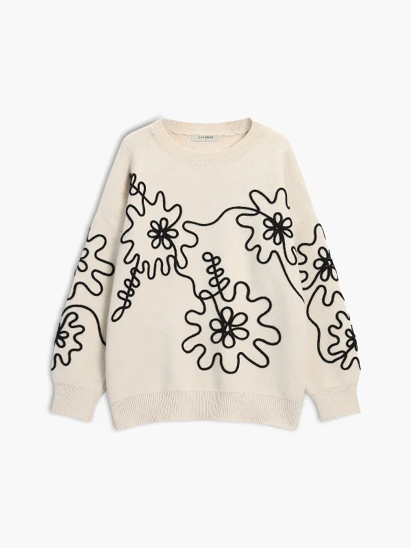 Knit Floral Oversized SweaterV-Neck Knit Tops