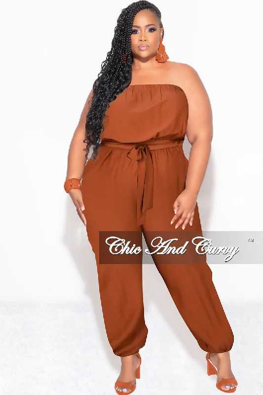 Final Sale Plus Size Strapless Jumpsuit with Tie in CognacKnit Shirt