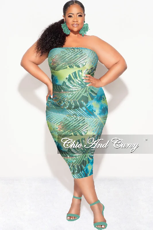 Final Sale Plus Size Strapless Tube BodyCon Dress in Green Leaf PrintPlus size women's bohemian tops