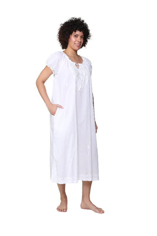 Hemp Short Sleeve TopsLa Cera Embroidered Gathered Short Sleeve Gown