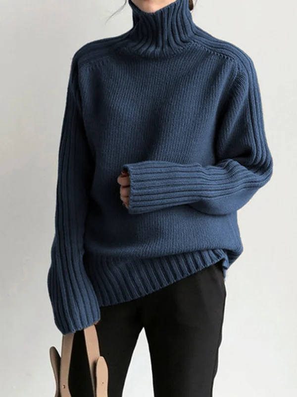 Solid High Neck Knit SweaterLeather-Paneled Knit Tops