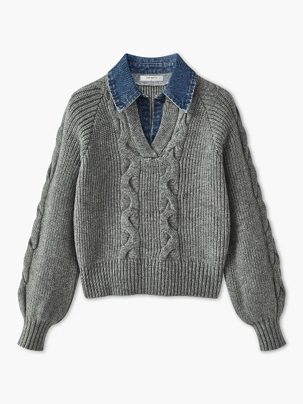 Denim Panel Ribbed Lapel SweaterTravel Knit Tops