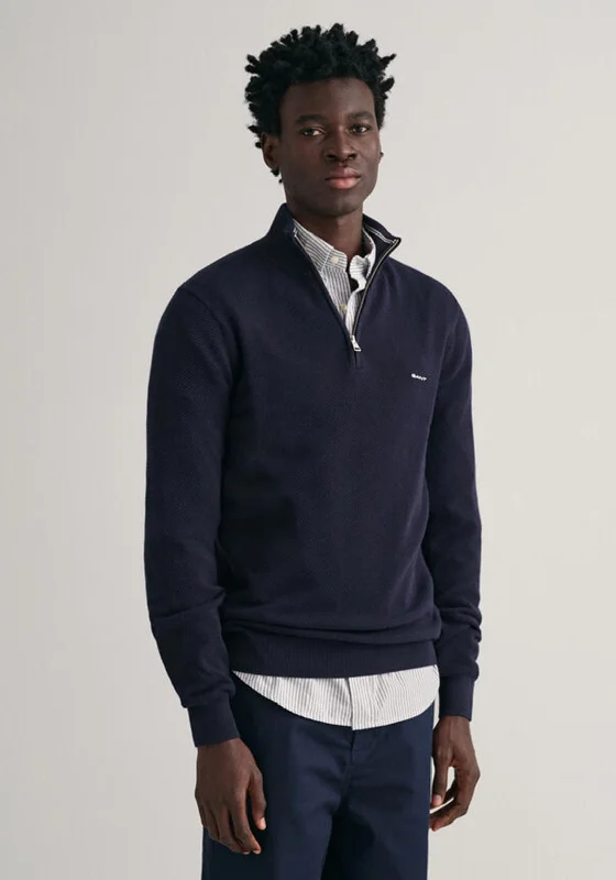 Gant Cotton Pique Half Zip Sweater, Evening BlueBand Merch Knit Tops