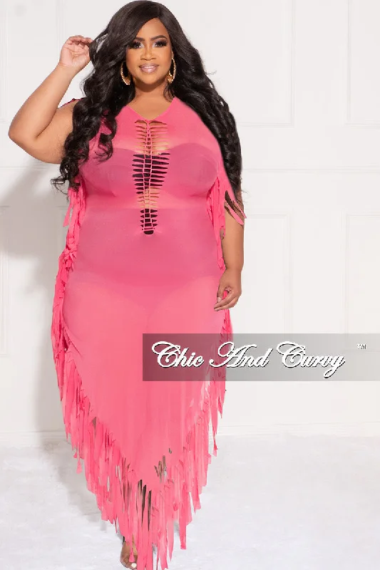 Final Sale Plus Size Mesh Cover-Up Dress with Cutout Front and Fringe Trim in Hot PinkLarge women's waist-baring tops